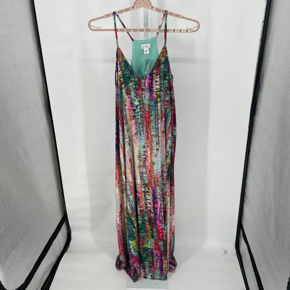 Nicole Miller NWT 1X Watercolor Abstract Print Satin Charmeuse Slip Maxi Dress - Picture 3 of 16